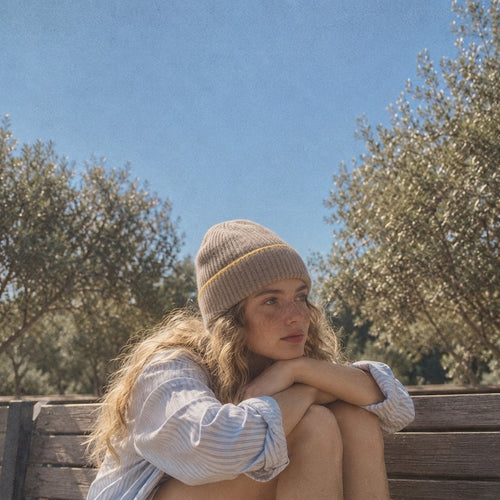 Model wearing the FRUAA Natural Beige with Yellow Line cashmere beanie, seated outdoors