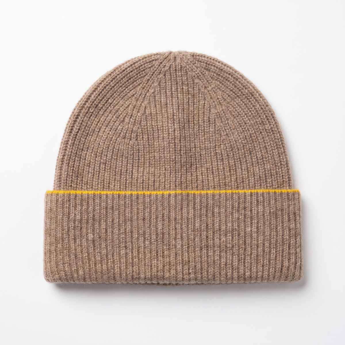 FRUAA undyed 100% cashmere beanie, Natural Beige with Yellow Line — studio front view