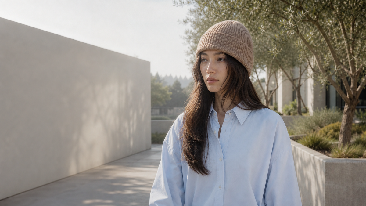 FRUAA model wearing a Natural Beige cashmere beanie on a quiet Cupertino morning walk